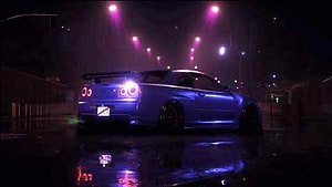 Nissan Skyline GT-R R34 in a Rainy Night City with Neon Street Lights and Wet Road Reflections HD wallpaper