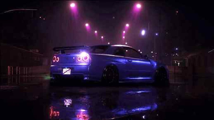 Nissan Skyline GT-R R34 in a Rainy Night City with Neon Street Lights and Wet Road Reflections HD wallpaper