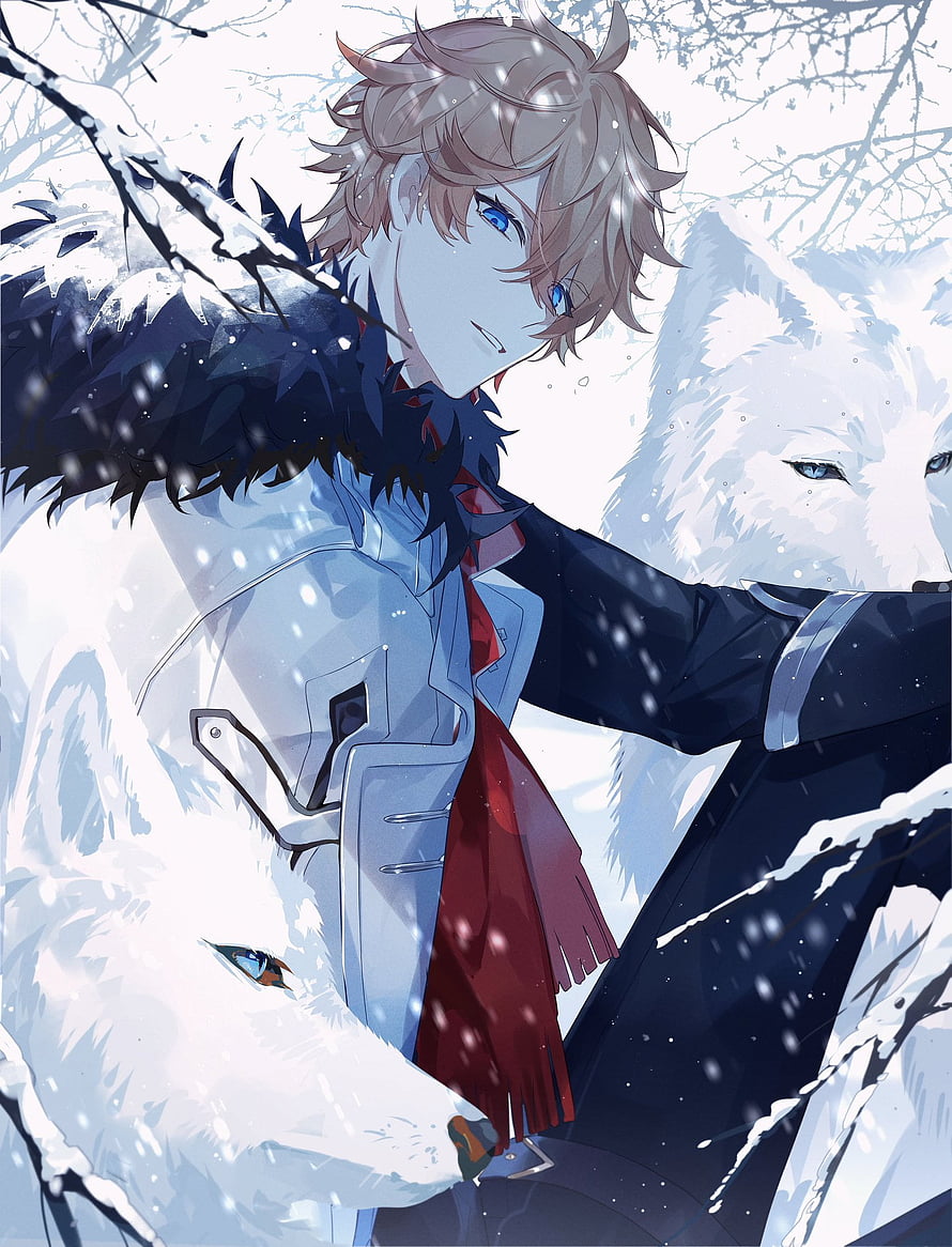 Childe Tartaglia from Genshin Impact with White Wolves in Snowy Winter Landscape HD phone wallpaper