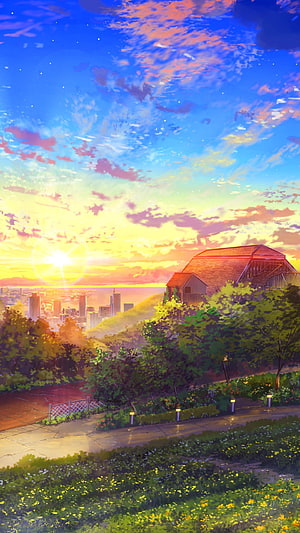 Anime Sunset Landscape with Hillside House and Distant City Skyline HD phone wallpaper