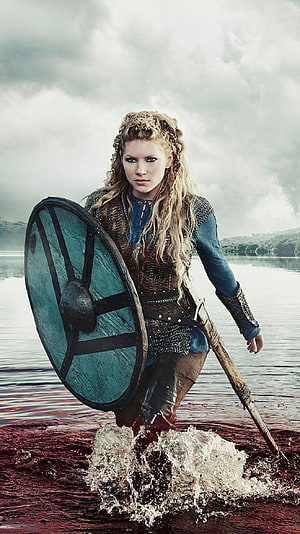Lagertha from Vikings Walking Through Bloodied Water with Shield and Spear HD phone wallpaper