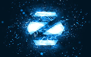 Zorin OS glowing blue logo with electric energy and particle effects on a dark abstract background HD wallpaper