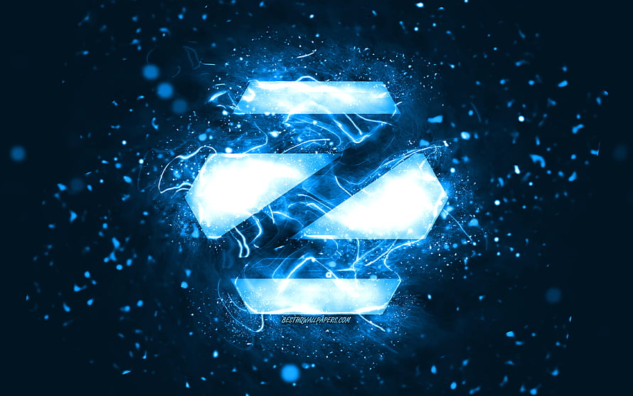 Zorin OS glowing blue logo with electric energy and particle effects on a dark abstract background HD wallpaper