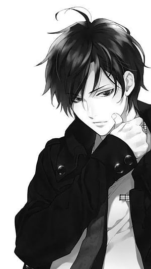 Black and White Anime Boy in Black Coat with Hand on Chin HD phone wallpaper