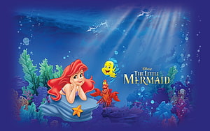 Ariel, Flounder, and Sebastian in a Sunlit Underwater Scene from Disney's The Little Mermaid HD wallpaper