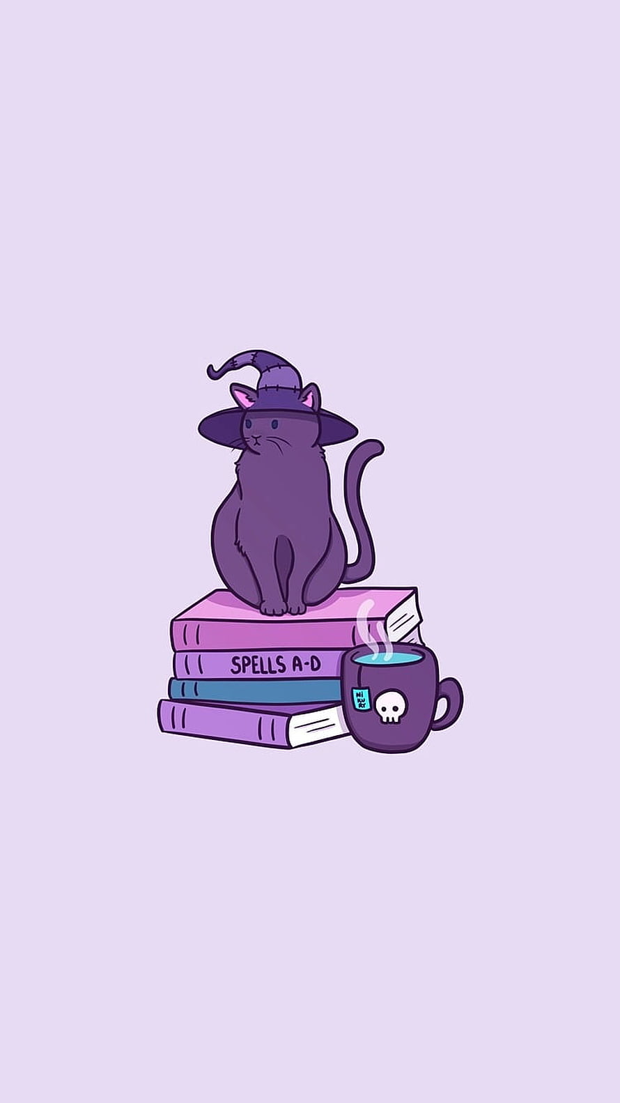 Cute Pastel Purple Witch Cat Sitting on Spell Books with Skull Mug Halloween Illustration HD phone wallpaper