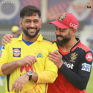 Virat Kohli and MS Dhoni Share a Laughter During an IPL Match HD phone wallpaper