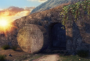 Sunrise Illuminating the Empty Tomb of Jesus with Rolling Stone and Mountain Landscape HD wallpaper