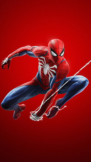 Spider-Man in Dynamic Crouching Pose with Web Line Against Vibrant Red Background, Spider Man PS4 Ultra , Spider-Man Vertical HD phone wallpaper