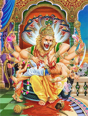 Lord Narasimha Vamana Avatar Depiction in Traditional Indian Mythological Art HD phone wallpaper
