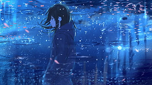 Melancholic Anime Girl in Hoodie with Headphones in Rainy Blue Night Scene HD wallpaper