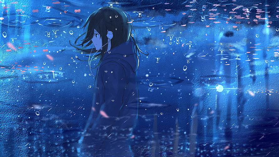 Melancholic Anime Girl in Hoodie with Headphones in Rainy Blue Night Scene HD wallpaper