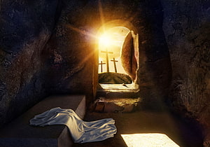 Empty Tomb of Jesus with Burial Cloth and Crosses in the Distance HD wallpaper