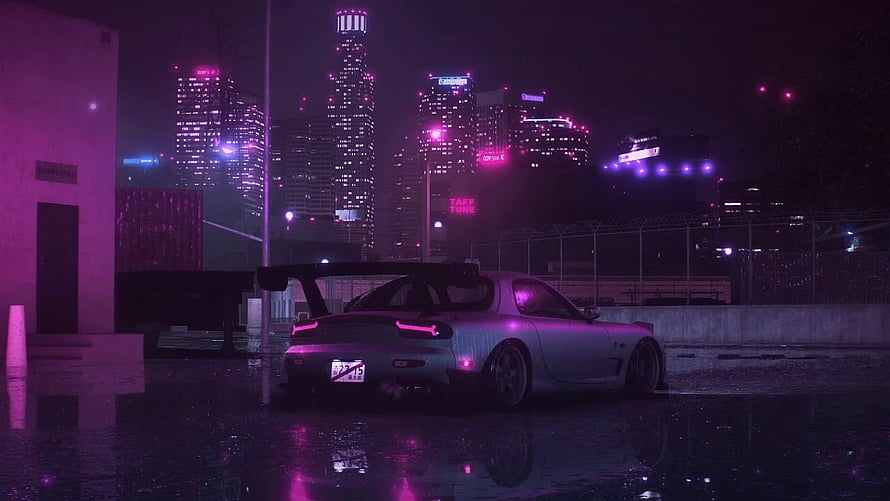 Mazda RX-7 in Neon-Lit Cyberpunk Cityscape at Night HD wallpaper