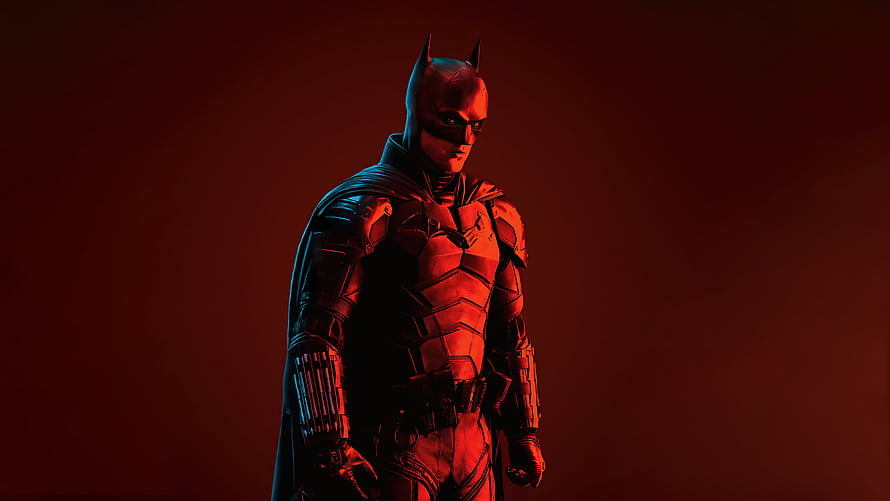 Batman in armored suit with dramatic red lighting and dark cape, The Batman, 2022 movie HD wallpaper