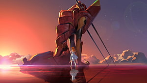 Neon Genesis Evangelion Unit-02 Standing in Crimson Water at Sunset HD wallpaper