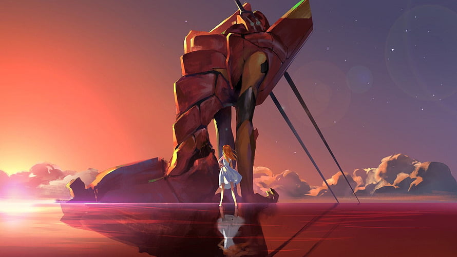 Neon Genesis Evangelion Unit-02 Standing in Crimson Water at Sunset HD wallpaper