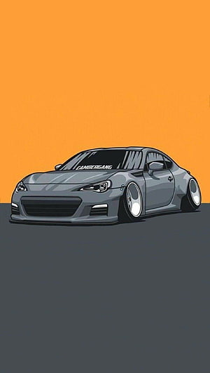 Stylized Illustration of a Low-Ride JDM Coupe with Wide Stance on Orange Background HD phone wallpaper