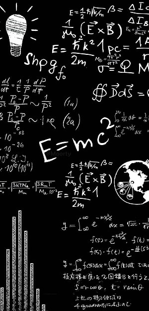 Handwritten Physics Equations and E=mc² on Black Chalkboard with Lightbulb and Bar Chart HD phone wallpaper