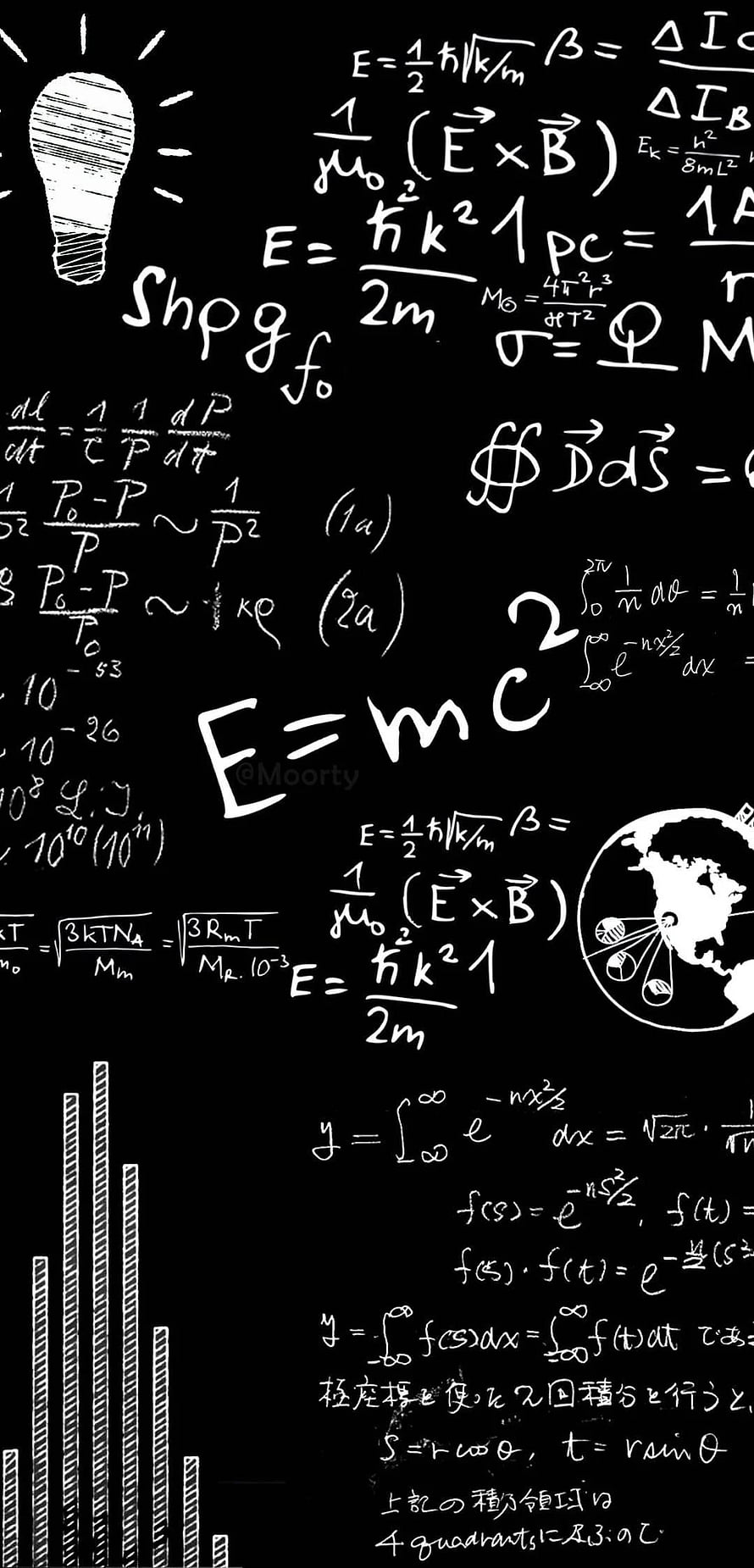 Handwritten Physics Equations and E=mc² on Black Chalkboard with Lightbulb and Bar Chart HD phone wallpaper
