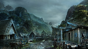 Misty Viking Village Fantasy Landscape with Thatched Cottages and Distant Castle HD wallpaper