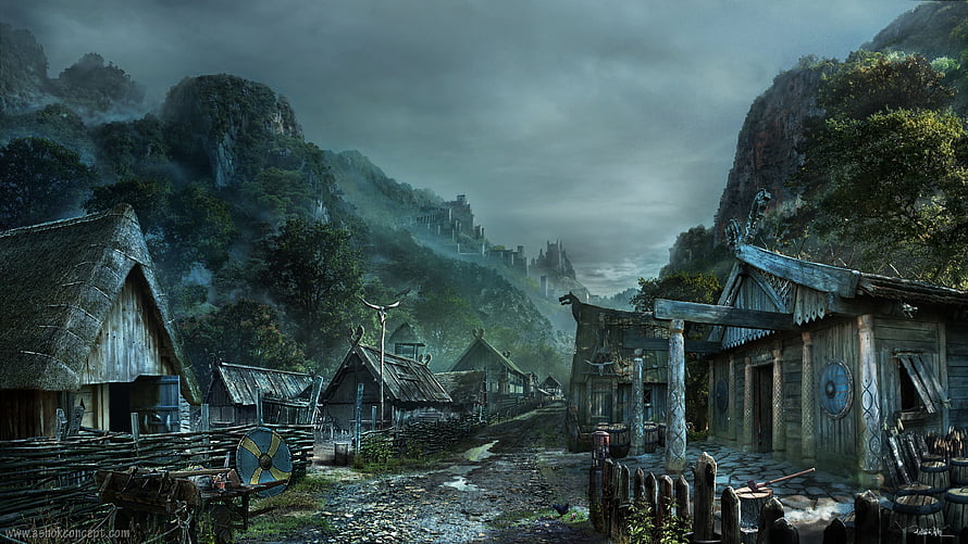 Misty Viking Village Fantasy Landscape with Thatched Cottages and Distant Castle HD wallpaper