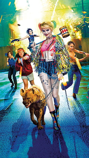 Harley Quinn and the Birds of Prey team walking through a vibrant urban street with a hyena HD phone wallpaper