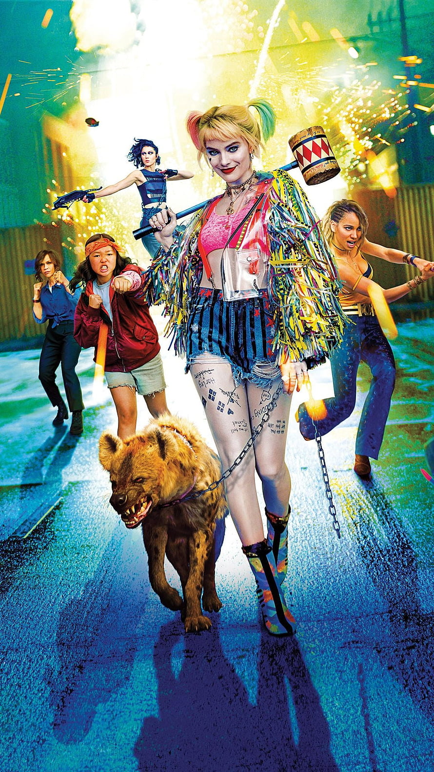 Harley Quinn and the Birds of Prey team walking through a vibrant urban street with a hyena HD phone wallpaper