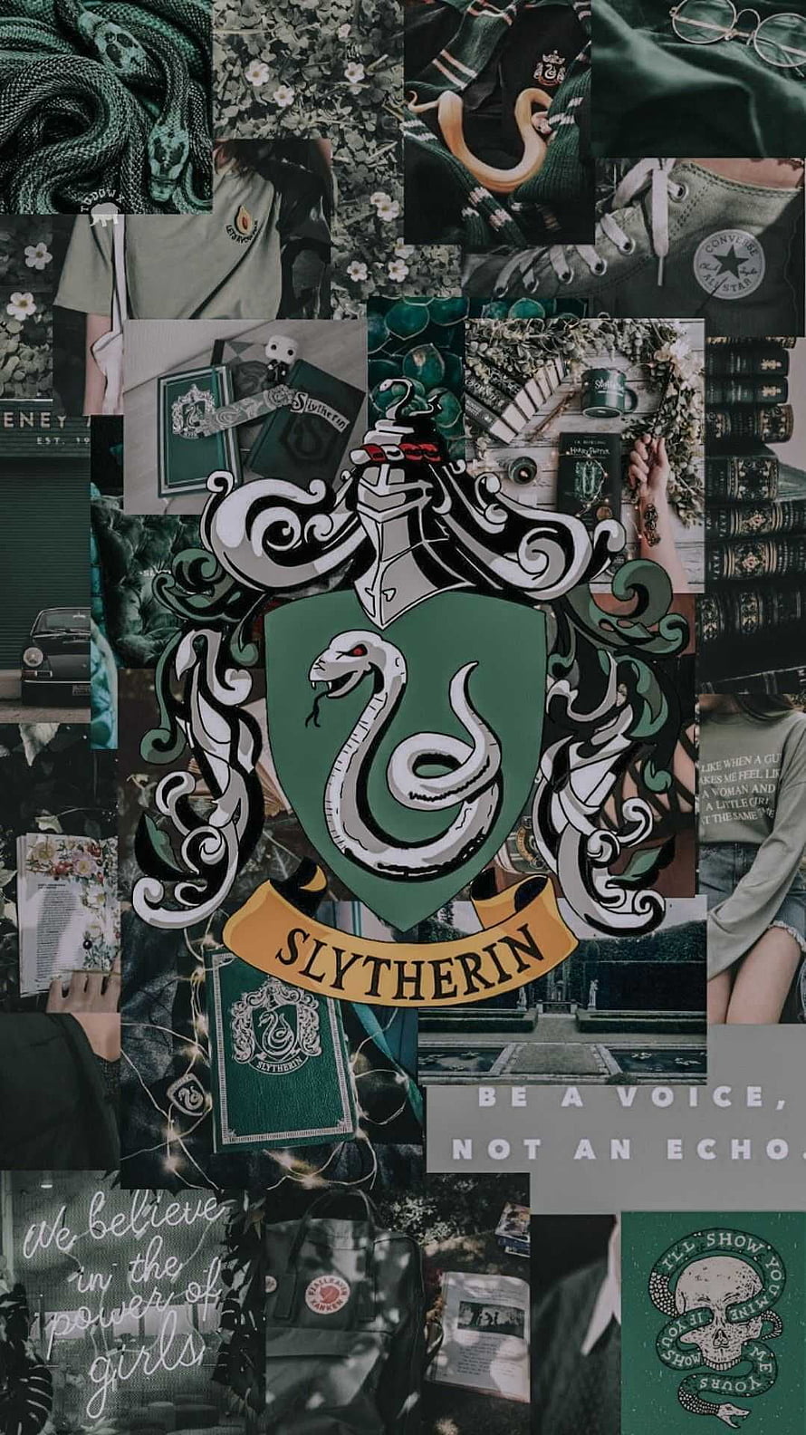 Slytherin House Crest Collage with Green and Silver Aesthetic HD phone wallpaper
