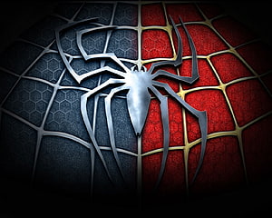 Spider-Man Metallic Spider Emblem on Textured Red and Blue Web Pattern, Spiderman, web, movie, marvel HD wallpaper