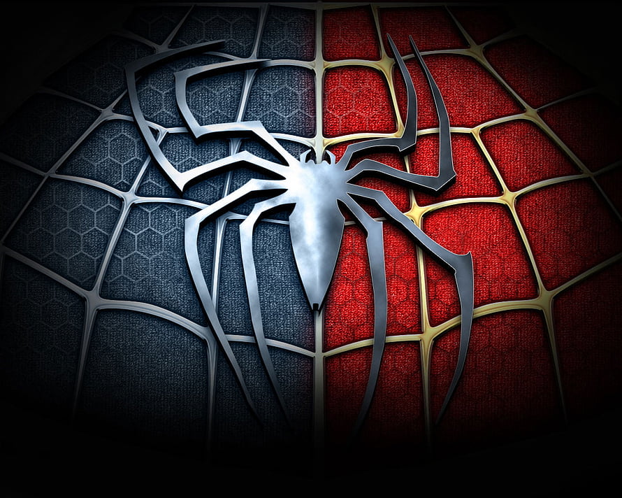 Spider-Man Metallic Spider Emblem on Textured Red and Blue Web Pattern HD wallpaper