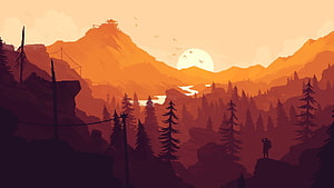 Firewatch Mountain Valley Sunset Landscape With Silhouetted Pines And Distant Cabin HD wallpaper