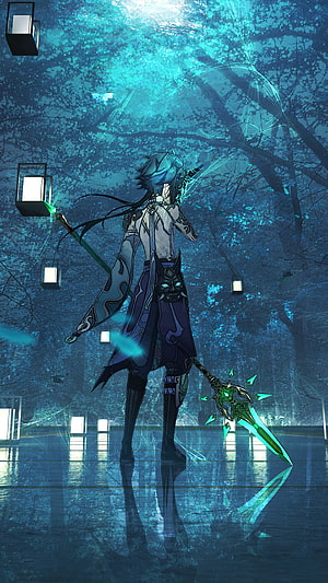 Xiao from Genshin Impact Standing in a Mystical Forest with Glowing Lanterns and a Jade Spear HD phone wallpaper