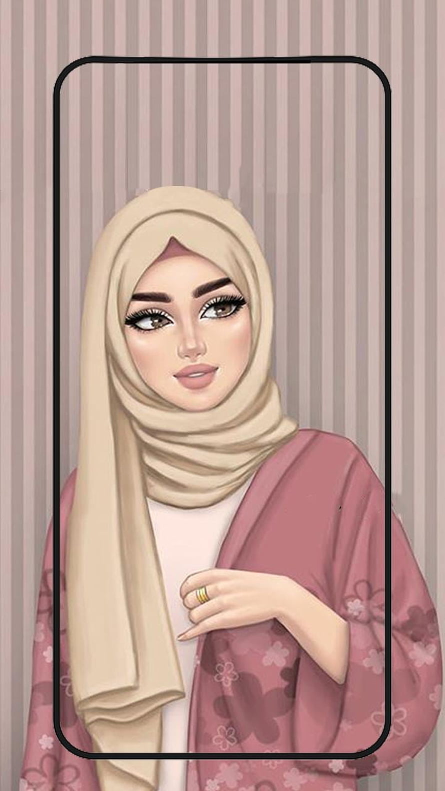 Digital Illustration of a Muslim Woman Wearing a Beige Hijab and Pink Floral Cardigan HD phone wallpaper