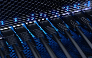 Close-up of network switch ports with glowing blue LED indicators and connected ethernet cables HD wallpaper