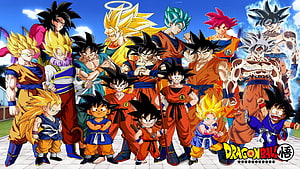 Dragon Ball Super Goku Transformations Group Art Featuring All Saiyan Forms and Super Saiyan Variants HD wallpaper