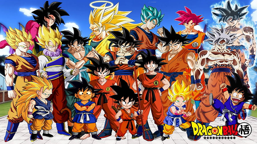 Dragon Ball Super Goku Transformations Group Art Featuring All Saiyan Forms and Super Saiyan Variants HD wallpaper