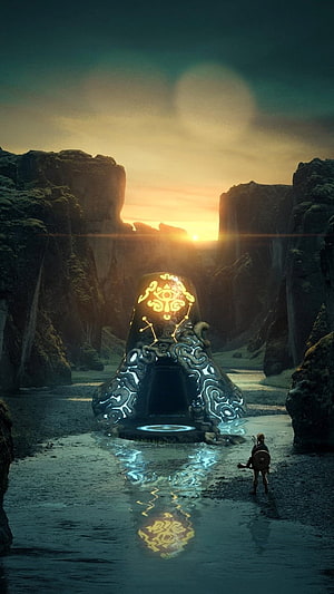 The Legend of Zelda Breath of the Wild Ancient Shrine at Sunset in a Rocky Canyon HD phone wallpaper
