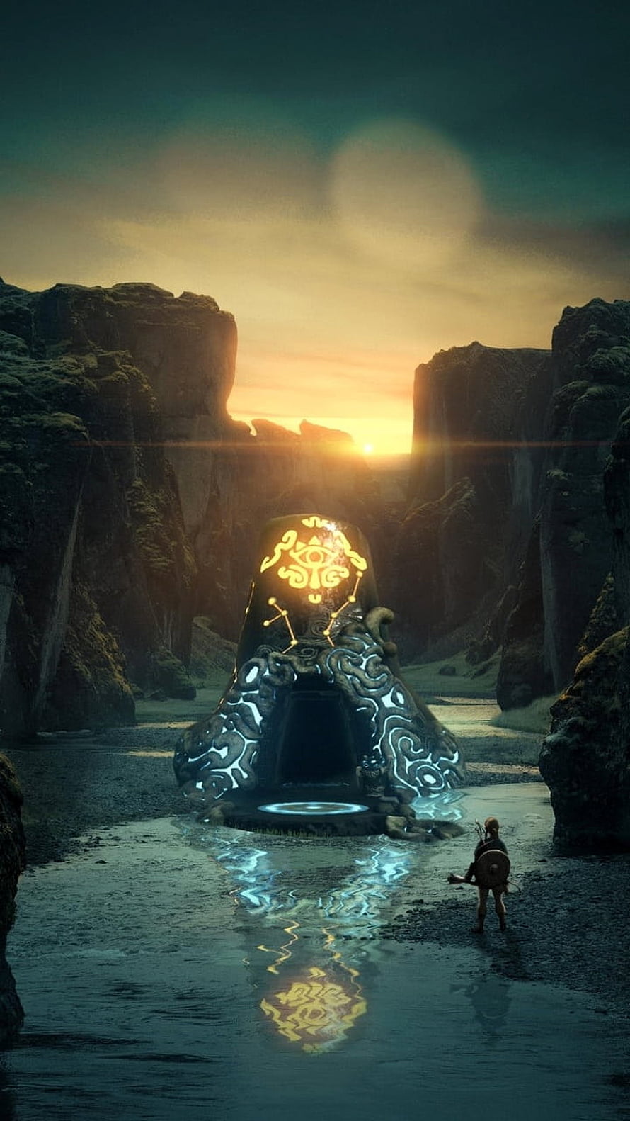 The Legend of Zelda Breath of the Wild Ancient Shrine at Sunset in a Rocky Canyon HD phone wallpaper