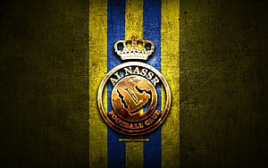 Al Nassr Football Club Emblem on Textured Gold and Blue Striped Background HD wallpaper