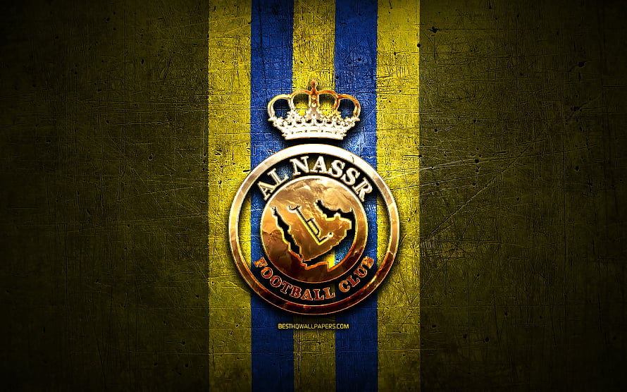 Al Nassr Football Club Emblem on Textured Gold and Blue Striped Background HD wallpaper