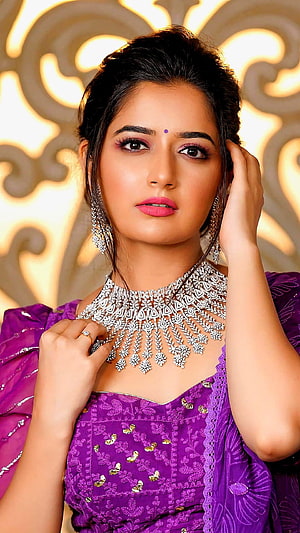 Ashika Ranganath in Purple Ethnic Wear with Silver Jewelry HD phone wallpaper