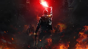 Soldier Holding Flare in Burning Cityscape with Fire and Smoke HD wallpaper