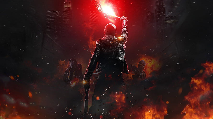 Soldier Holding Flare in Burning Cityscape with Fire and Smoke HD wallpaper