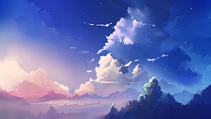 Dreamy Twilight Sky with Soft Clouds and Distant Forest Silhouettes in Anime Style HD wallpaper