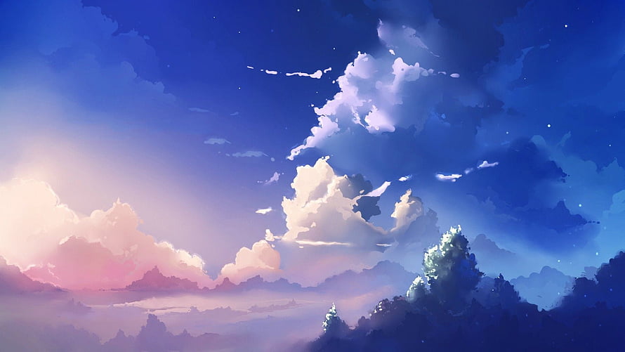 Dreamy Twilight Sky with Soft Clouds and Distant Forest Silhouettes in Anime Style HD wallpaper