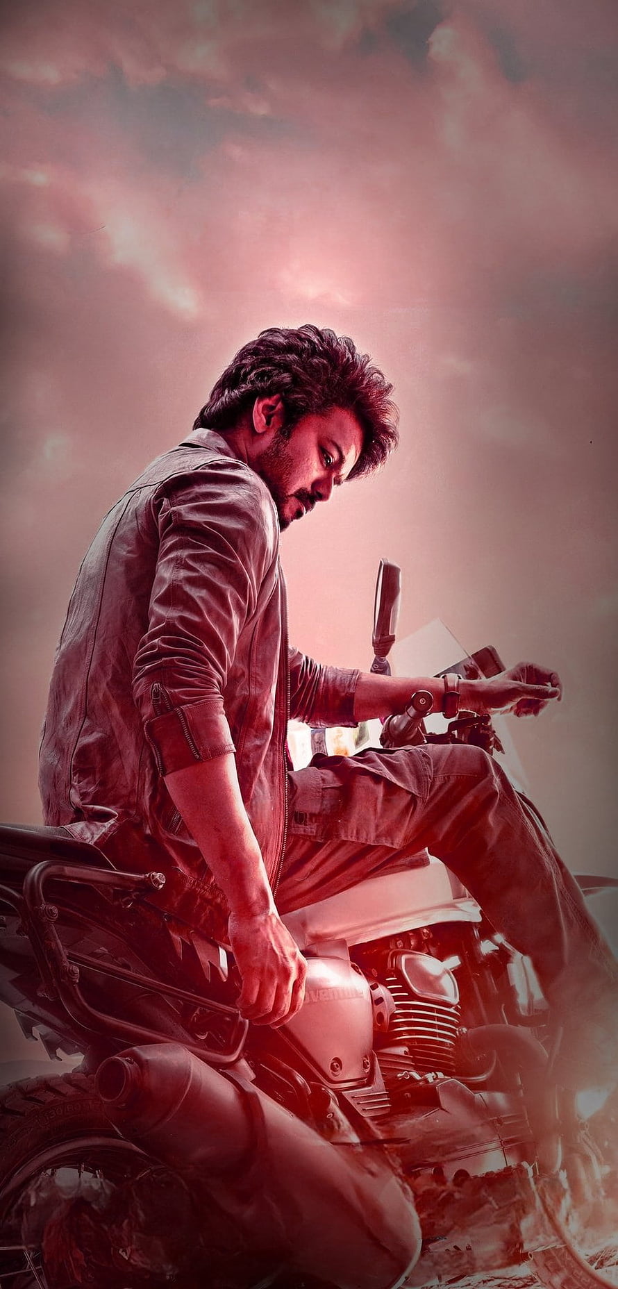 Arthi Varisu Movie Poster: Man on Motorcycle in Dramatic Red Tint HD phone wallpaper