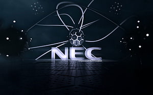 NEC Corporate Logo with Futuristic Atomic Orb and Hexagonal Grid Floor HD wallpaper