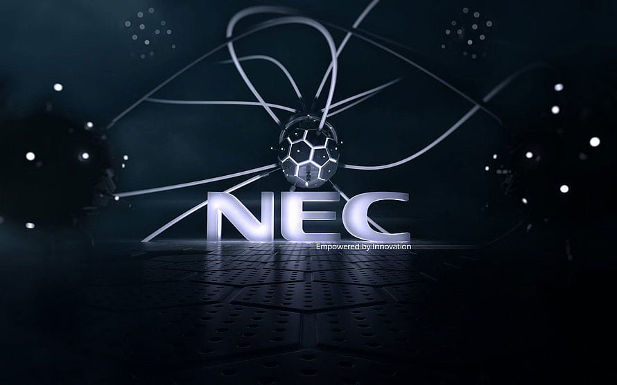 NEC Corporate Logo with Futuristic Atomic Orb and Hexagonal Grid Floor HD wallpaper