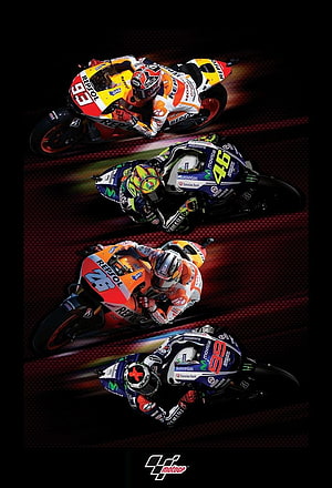 MotoGP Racing Motorcycles Leaning into Corners on Dark Track HD phone wallpaper